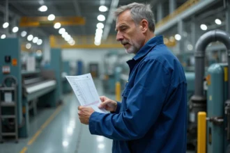 Ouvrier d'usine homme en bleu examine un tableau de salaire