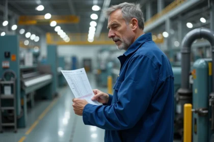 Ouvrier d'usine homme en bleu examine un tableau de salaire