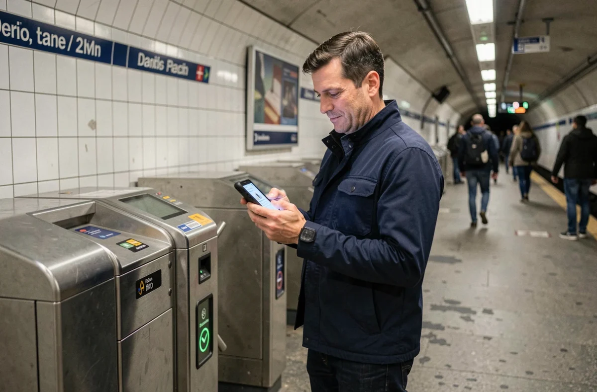 Homme consultant son smartphone pour payer une amende RATP en ligne depuis une station de métro parisienne