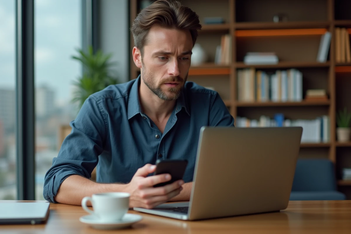 Homme consultant sa facture Free depuis un appartement à l'étranger sur ordinateur portable et smartphone