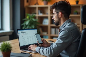 Homme gérant sa facture Free mobile et Freebox sur ordinateur portable et smartphone depuis son bureau à domicile