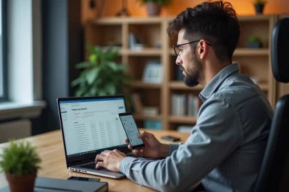 Homme gérant sa facture Free mobile et Freebox sur ordinateur portable et smartphone depuis son bureau à domicile