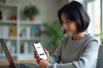 Femme utilisant PayPal sur smartphone pour payer en ligne sans carte bancaire depuis son bureau à domicile