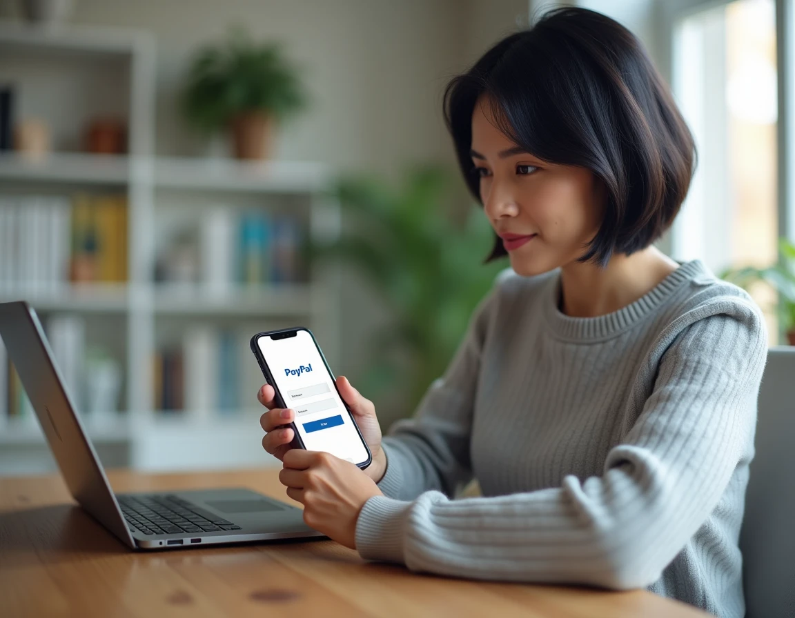 Femme utilisant PayPal sur smartphone pour payer en ligne sans carte bancaire depuis son bureau à domicile
