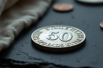 Pièce de 50 francs argent 1977 en gros plan sur ardoise, montrant le relief et la patine naturelle