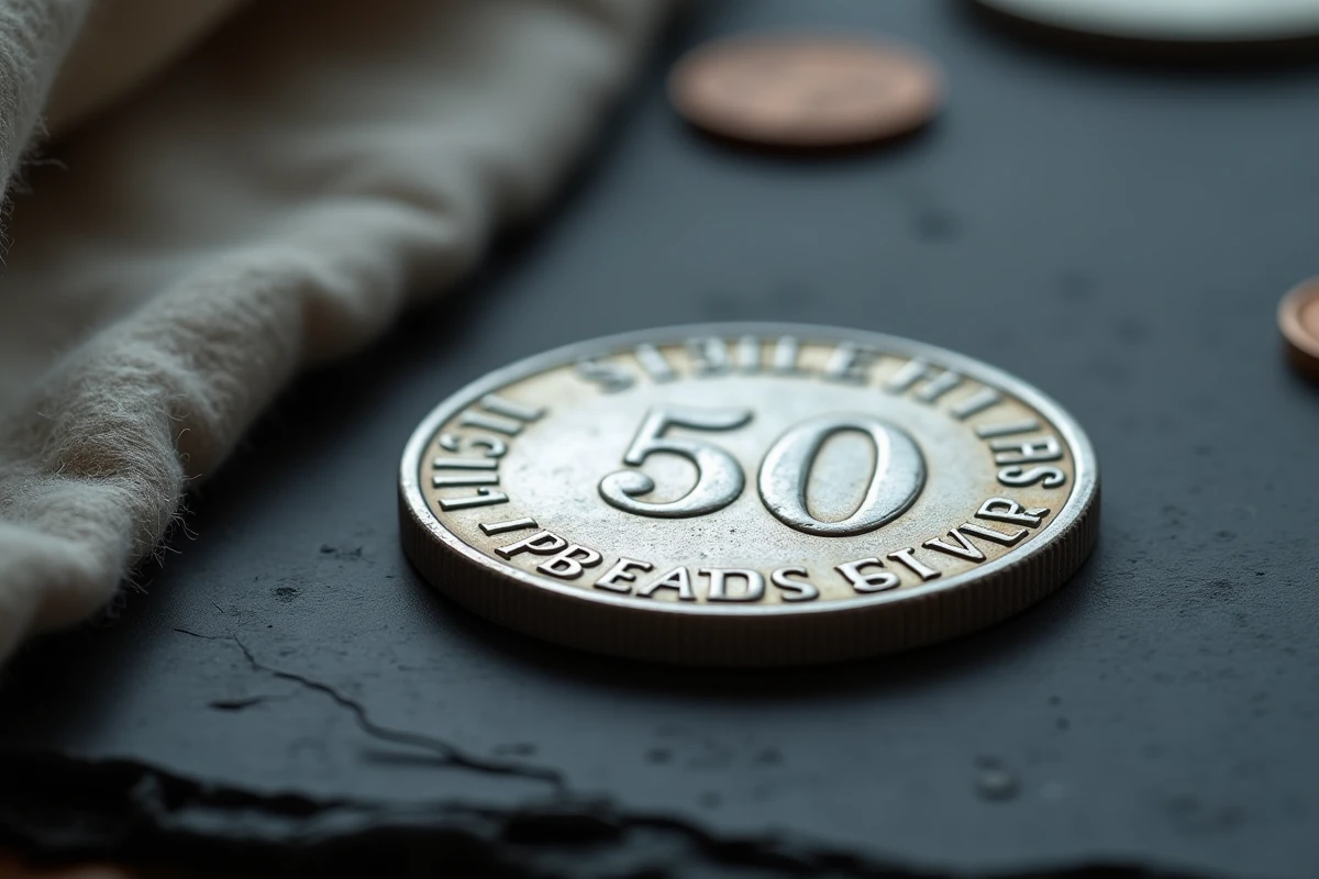Pièce de 50 francs argent 1977 en gros plan sur ardoise, montrant le relief et la patine naturelle