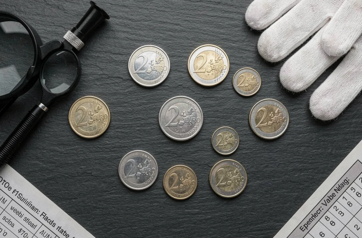 Vue aérienne de plusieurs pièces de 2 euros rares disposées sur une surface ardoise avec loupe et gants de collectionneur