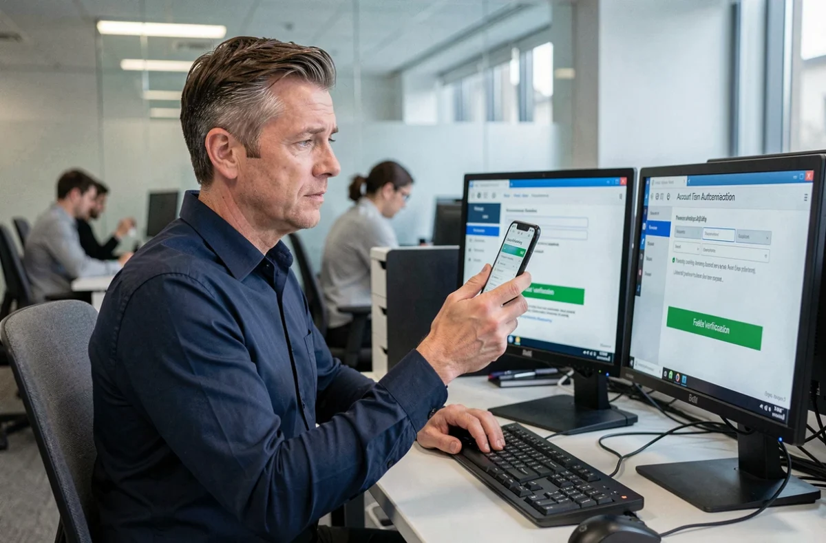 Homme en entreprise comparant son smartphone et son écran d'ordinateur pour résoudre un problème d'authentification sur un compte numérique