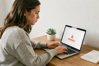 Femme en télétravail face à un message d'erreur de connexion sur son compte en ligne, assise à un bureau en bois dans un bureau à domicile moderne
