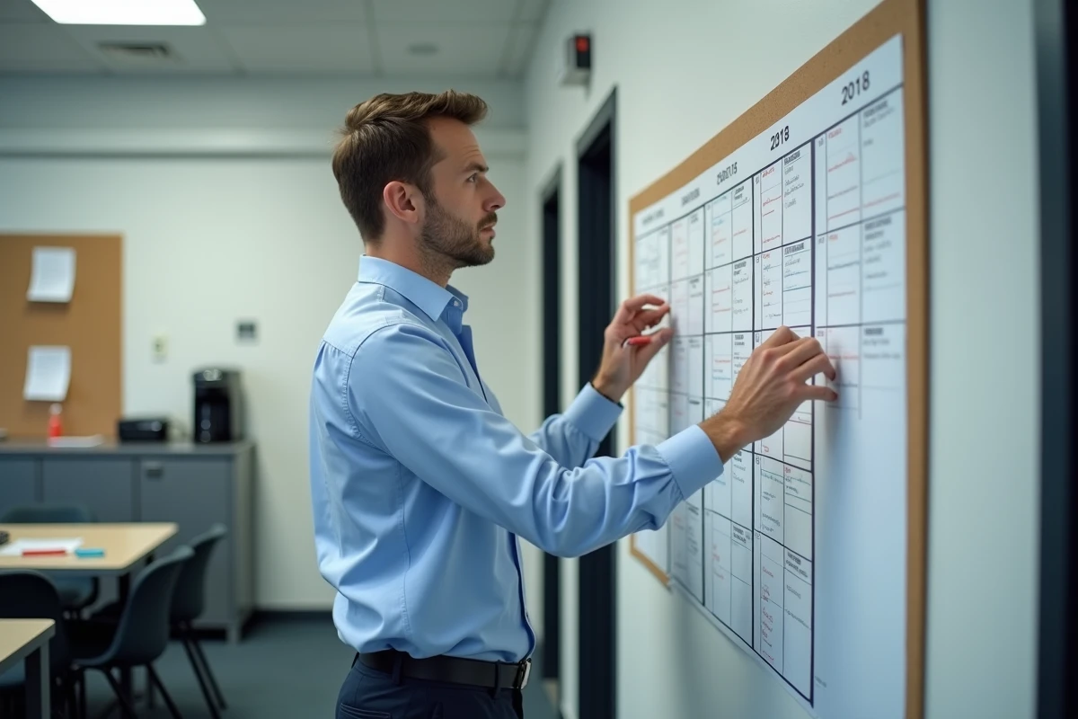 Professeur de collège annotant un calendrier mural dans la salle des profs pour noter les dates de virement de salaire 2026