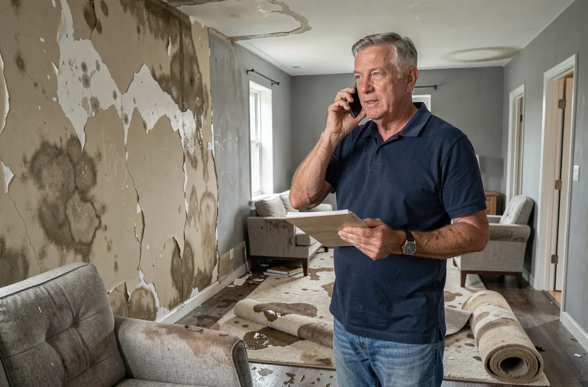 Propriétaire gérant un sinistre dégât des eaux dans son appartement en appelant son assurance