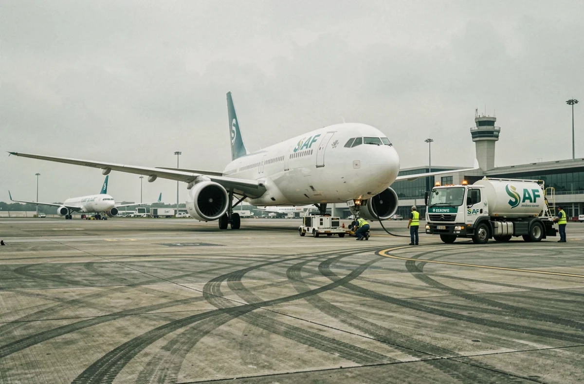 Avion commercial en cours de ravitaillement en carburant d'aviation durable SAF sur le tarmac d'un aéroport international