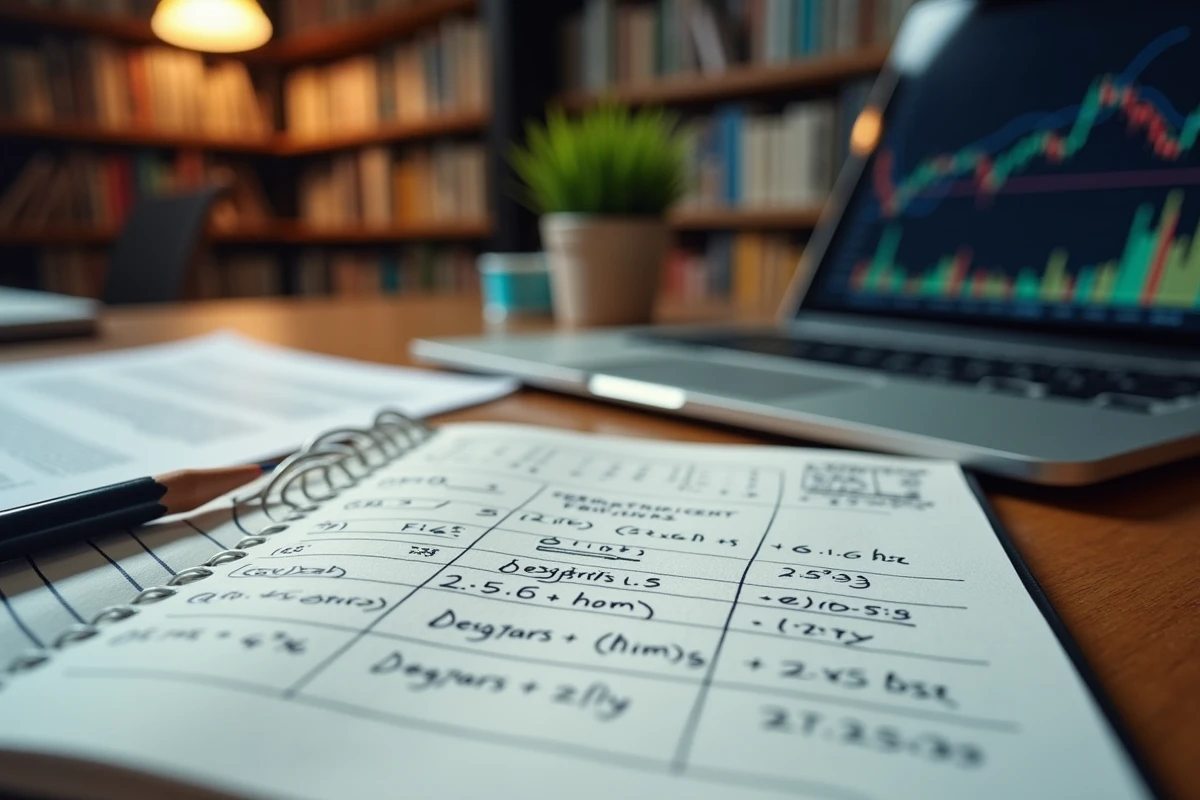 Bureau de recherche financière avec carnet de formules statistiques, papiers annotés et graphique de corrélation sur ordinateur portable illustrant l'analyse de l'Information Coefficient
