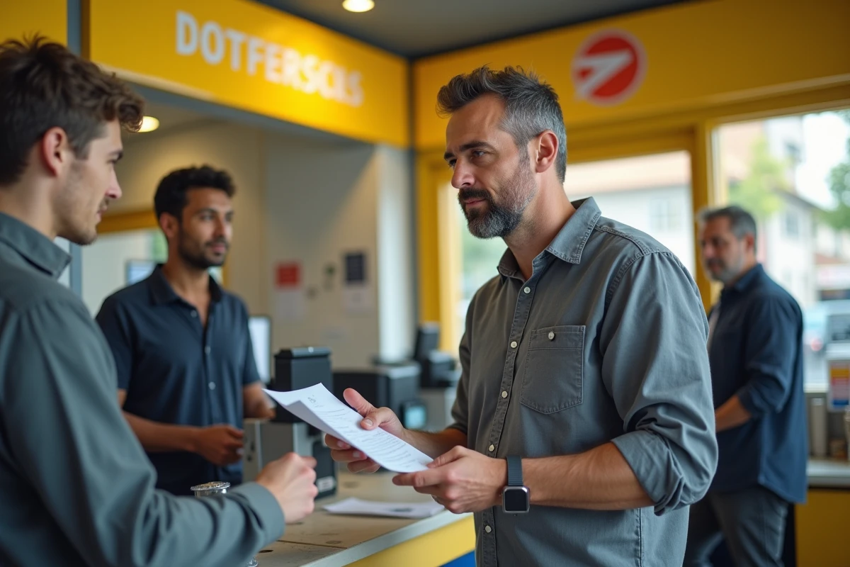 Client déposant une réclamation pour courrier perdu au guichet d'un bureau de poste en France