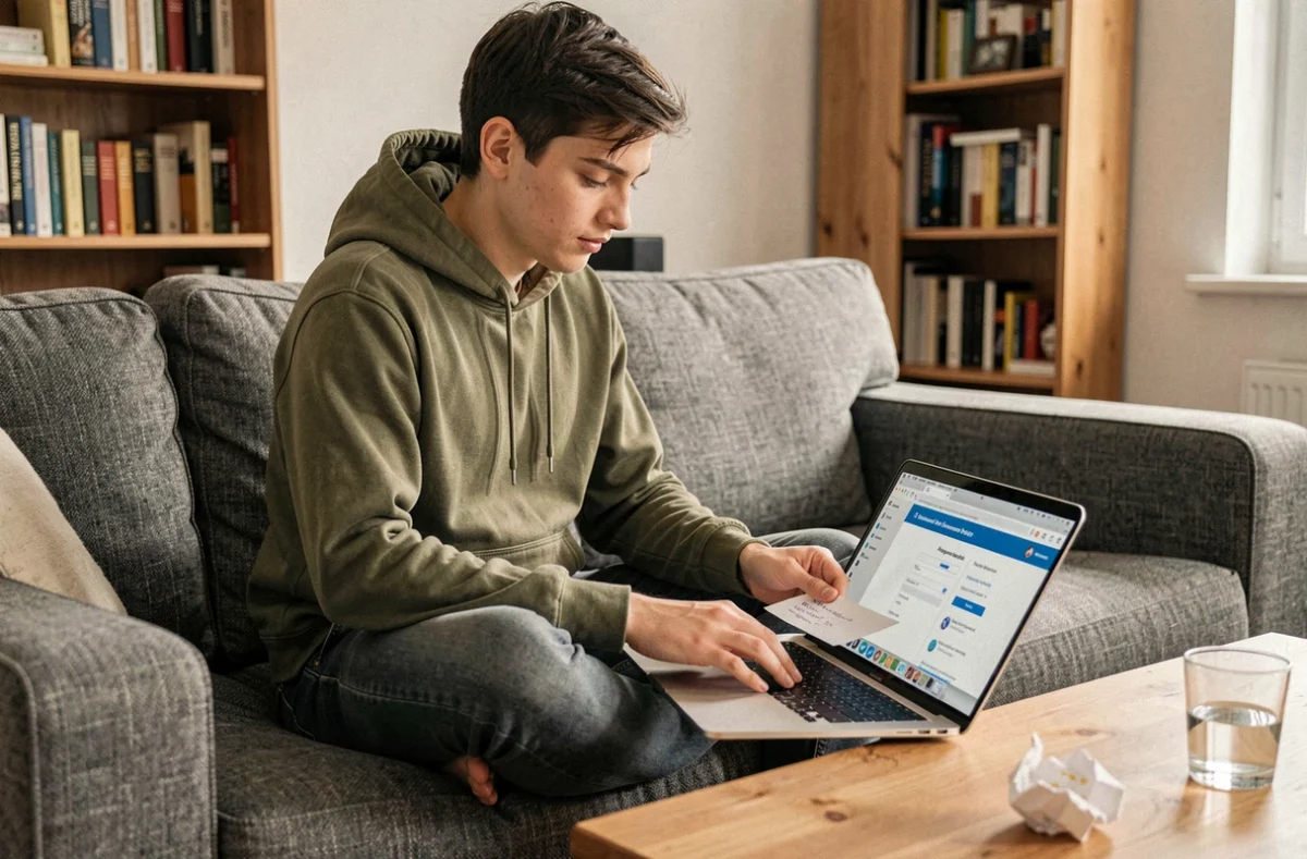 Jeune adulte assis sur un canapé tentant de récupérer l'accès à son compte en ligne via un formulaire de réinitialisation de mot de passe