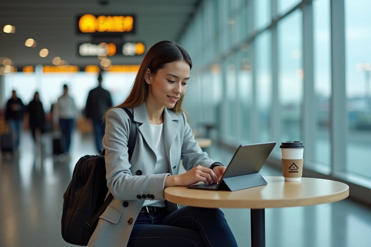 Femme réglant sa facture Free en ligne depuis un aéroport international pendant un voyage