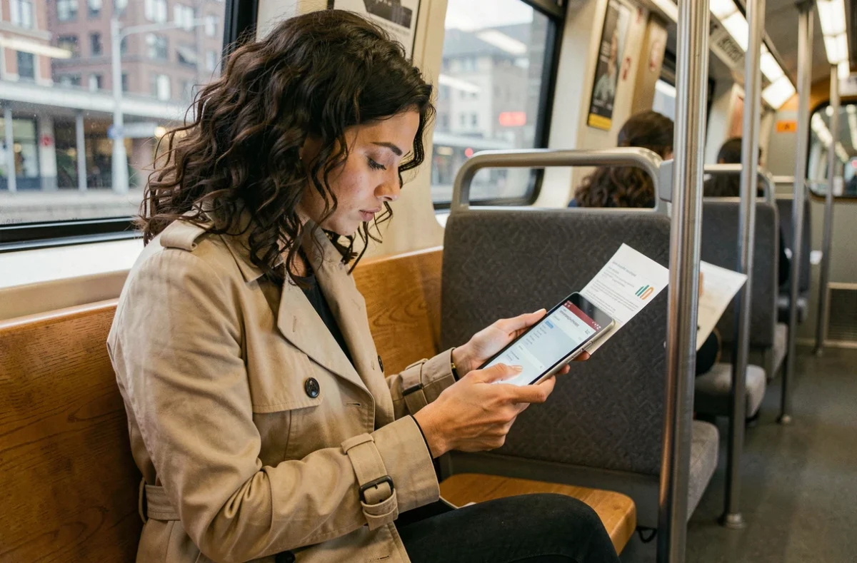 Femme remplissant un formulaire en ligne pour régulariser une amende de transport en commun dans un RER