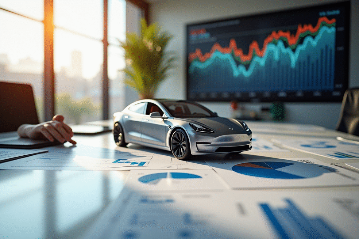 Réunion d'affaires avec graphiques Tesla et voiture Model S