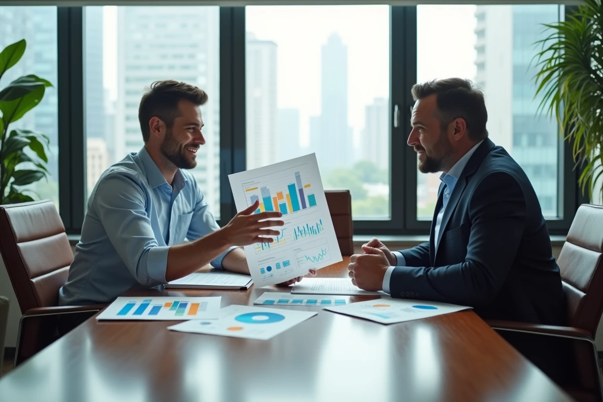 Deux hommes discutant de graphiques financiers en réunion