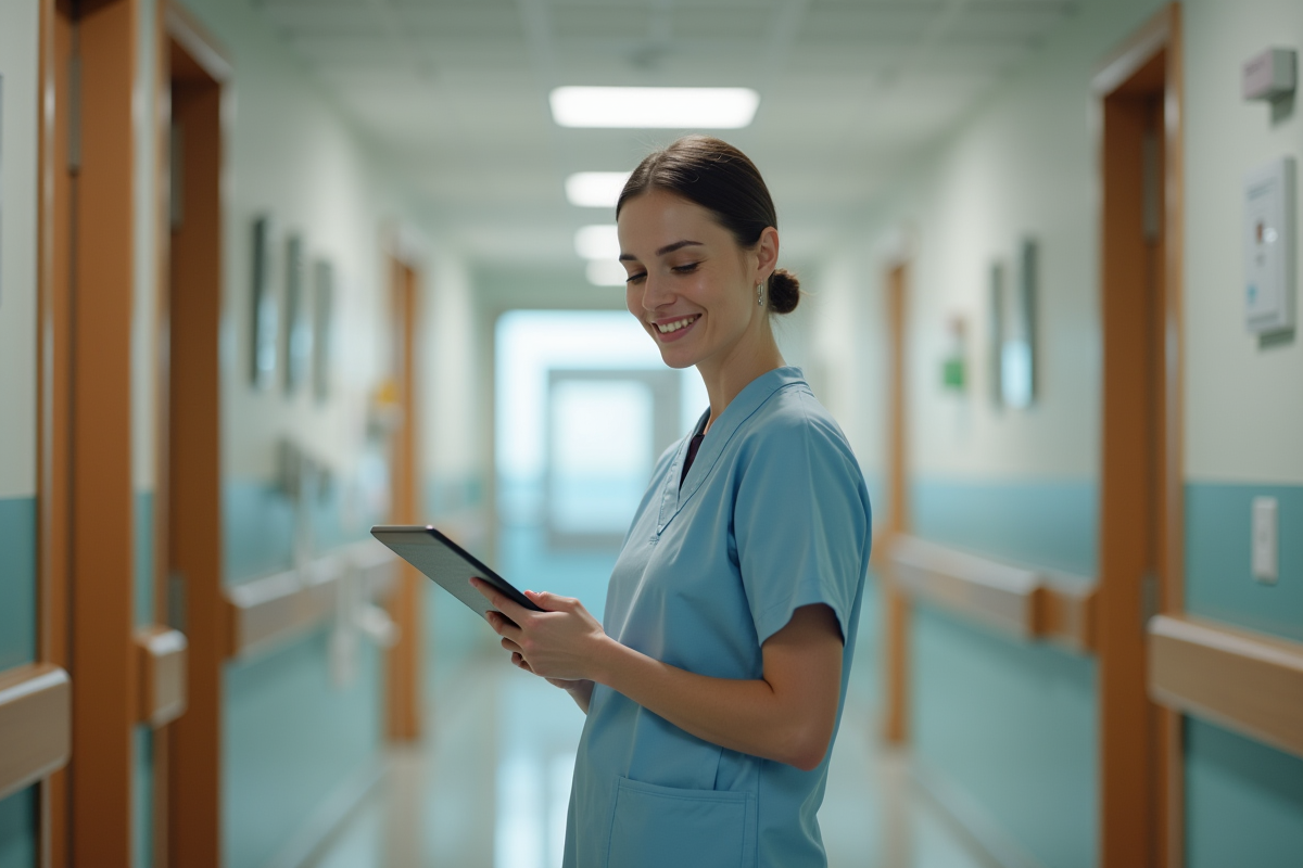 Infirmière souriante en blouse dans un hôpital moderne