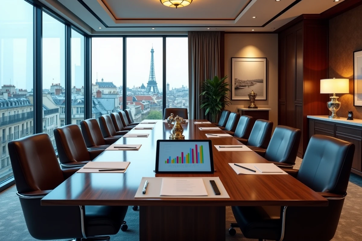 Salle de réunion luxueuse avec vue sur Paris symbolisant la montée en puissance financière et commerciale du PSG sous Nasser Al-Khelaïfi