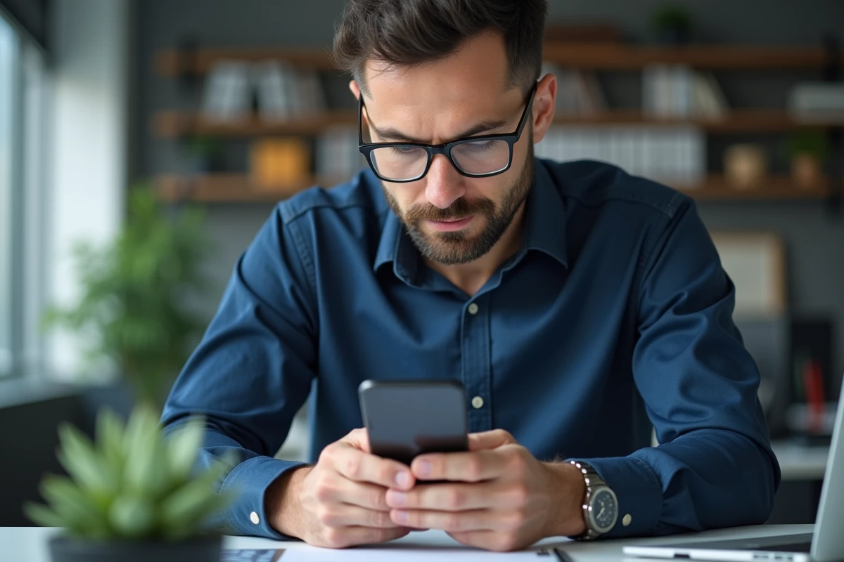 Homme vérifiant un virement bancaire mobile sécurisé sur son smartphone dans un environnement de bureau professionnel