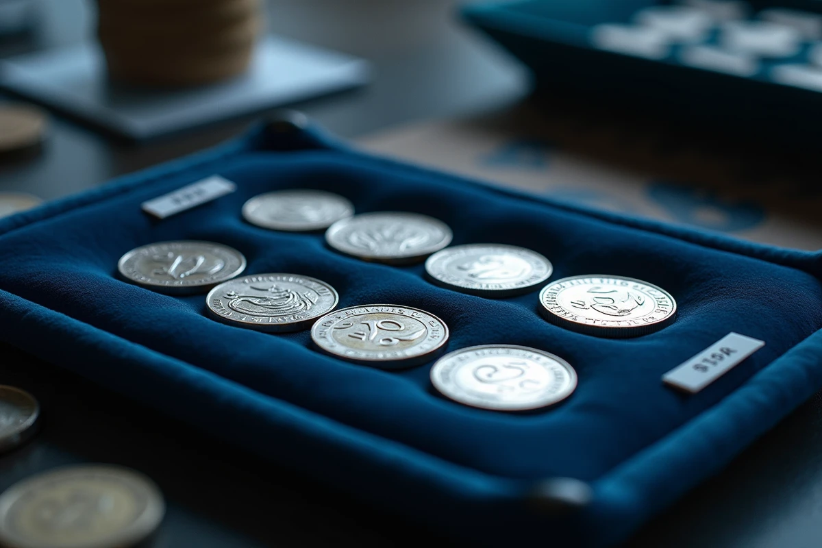 Série de pièces 50 francs argent 1977 classées par état de conservation sur un plateau numismatique en velours bleu
