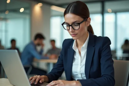 Femme cadre en bureau consultant un simulateur de salaire brut net sur ordinateur portable avec documents imprimés