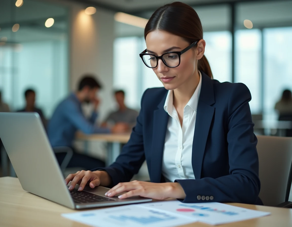 Femme cadre en bureau consultant un simulateur de salaire brut net sur ordinateur portable avec documents imprimés
