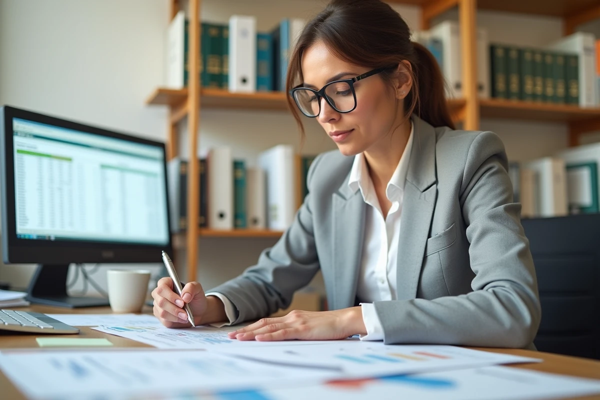 Femme comptable analysant des documents fiscaux et un tableau Excel pour simuler un acompte IS 2026 dans un bureau à domicile