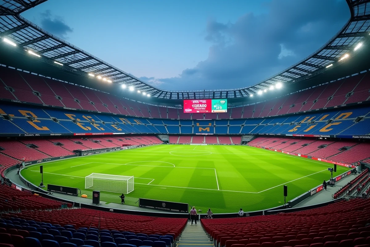 Stade de football vide au crépuscule évoquant les investissements massifs du PSG et la fortune de son président Nasser Al-Khelaïfi