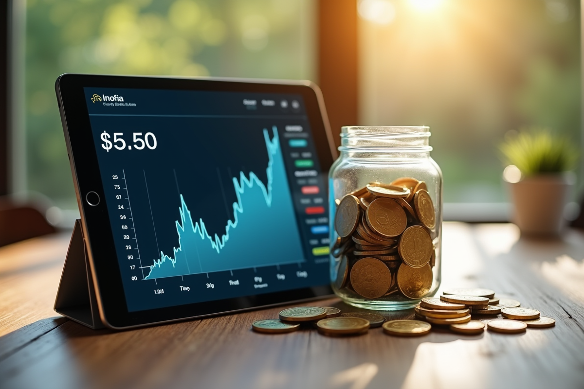 Tablette affichant un graphique de conversion crypto euro sur une table en bois