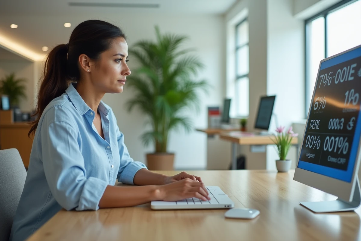 Femme consultant les taux de change francs pacifiques euros dans une agence bancaire en Polynésie française