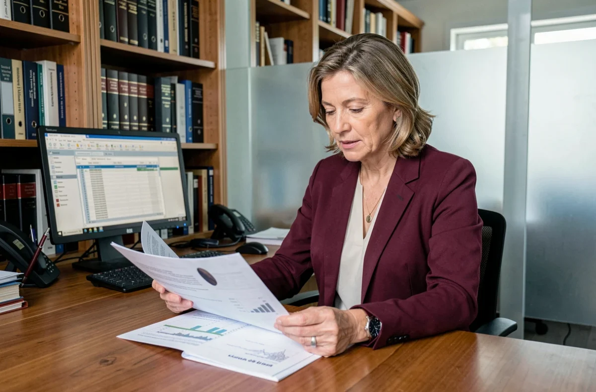 Conseillère TGS France en expertise comptable et patrimoine analysant un rapport financier dans un cabinet en Pays de la Loire