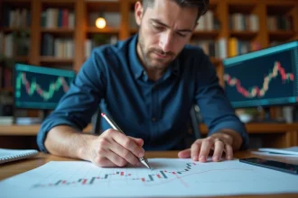 Trader débutant analysant un pattern double bottom sur une feuille de graphique dans un bureau à domicile