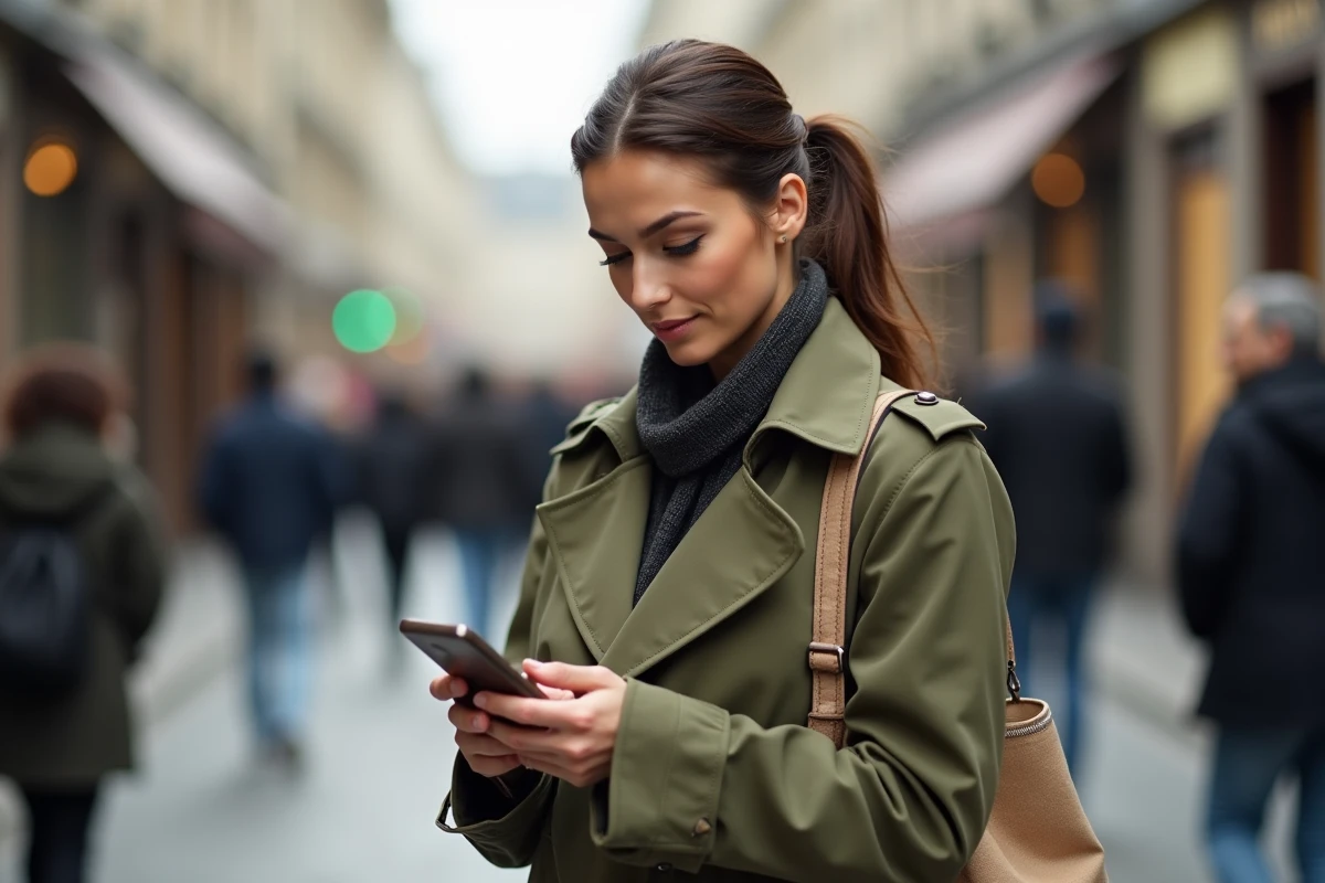 Jeune femme réalisant un virement sécurisé depuis son application bancaire mobile en pleine rue à Paris