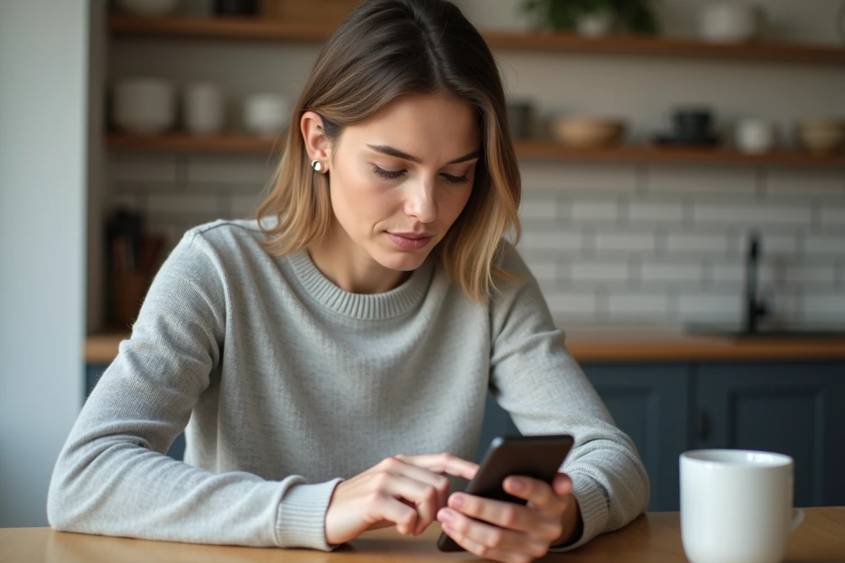 Femme effectuant un virement bancaire sécurisé sur smartphone via l'application La Banque Postale dans une cuisine moderne